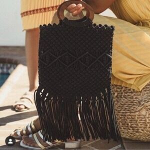 NEW Danielle Nicole Black Macrame Crossbody Bag Wooden Handle Fringe‎ Resortwear